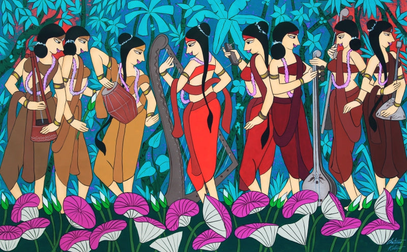 Tunning' figurative acrylic painting by artist Chetan Katigar, 38x60 inch, on canvas