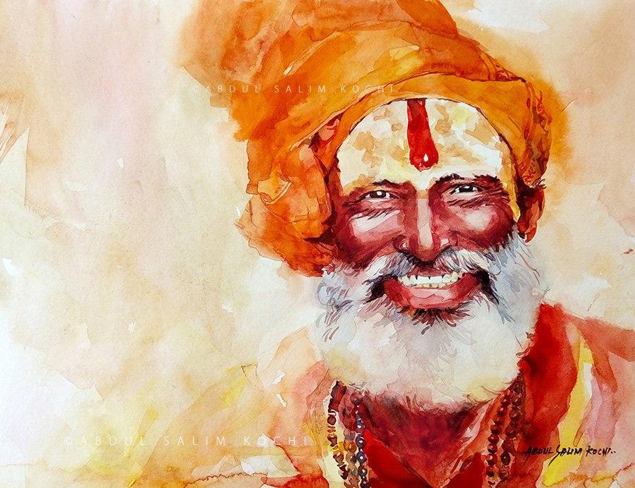 Religious watercolor painting titled 'Turban Man 1', 9x12 inches, by artist Abdul Salim on Paper