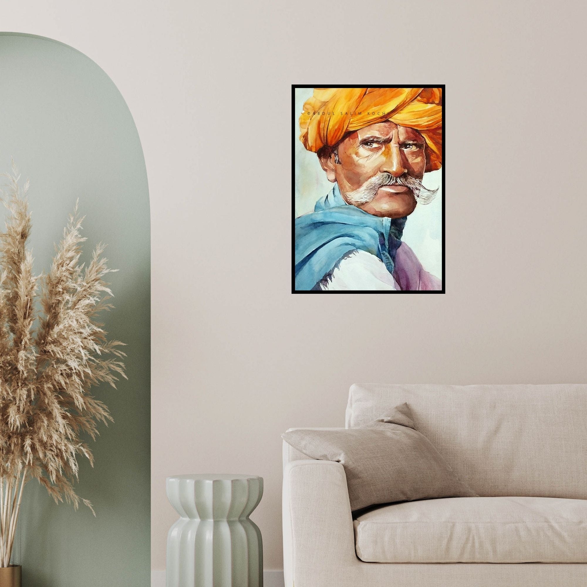 In-situ view of Abdul Salim's 'Turban Man 2' painting in a room