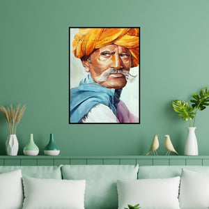 Preview of 'Turban Man 2' Painting by Abdul Salim shown on a wall in a furnished room.