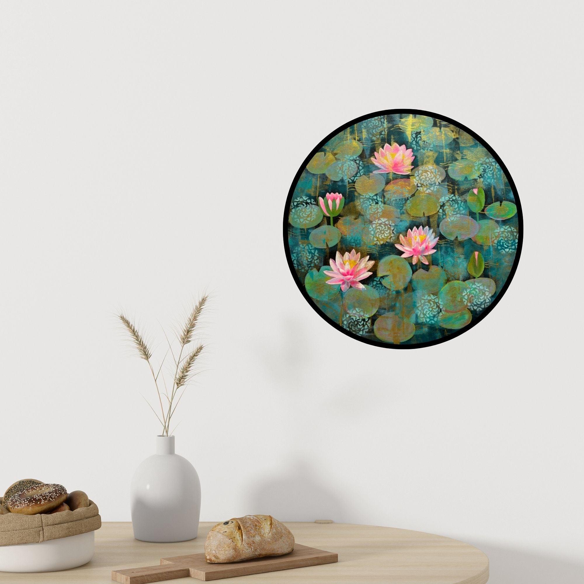 Preview of 'Turquoise Water Lilies Dhoop Chaanv (Tranquil Waters)' Painting by Amita Dand shown on a wall in a furnished room.