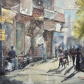 Cityscape watercolor painting titled 'Twilight in market area', 20x16 inches, by artist Mrutyunjaya Dash on paper
