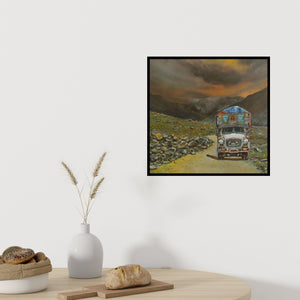 Preview of 'Twilight In Ladakh (The Mountain Pass)' Painting by Sumon Naskar shown on a wall in a furnished room.