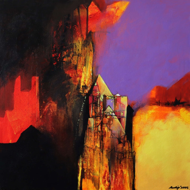 Twilight Rebirth' contemporary acrylic painting by artist Pradip Sengupta, 24x24 inch, on canvas