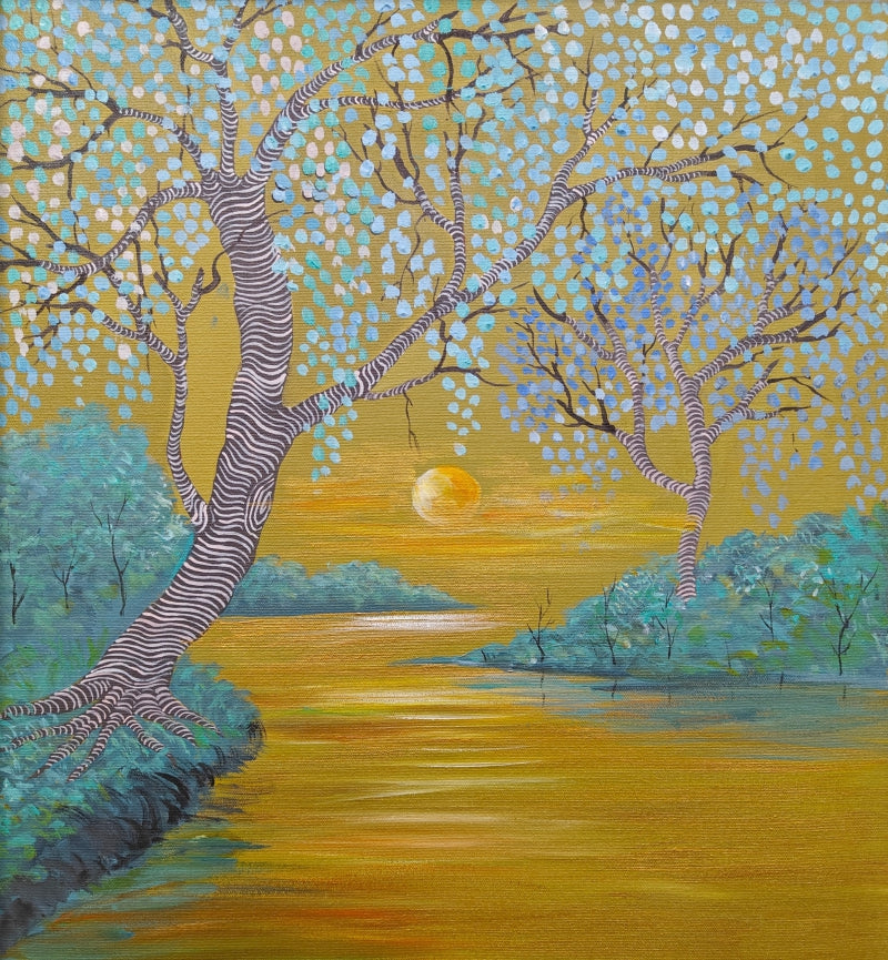 'Twilight Saga' nature acrylic painting by artist Anumitra Basu Mandal, 20x18 inch, on canvas