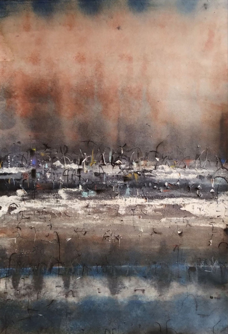 Twilight Scape' abstract acrylic painting by artist Hemant Dhane, 31x21 inch, on paper