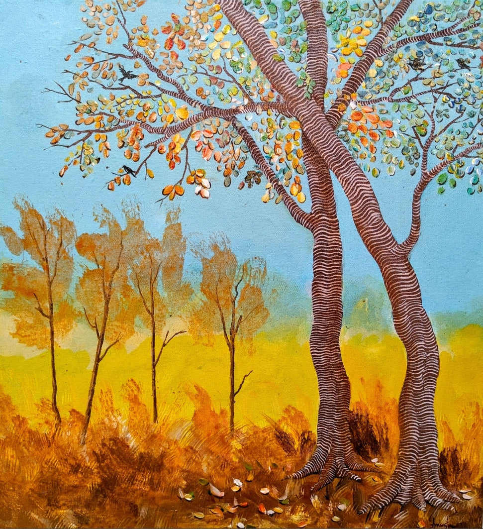 Twin Resonance' nature acrylic painting by artist Anumitra Basu Mandal, 20x18 inch, on canvas