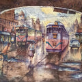 Cityscape watercolor painting titled 'Twin Tram In Kolkata 2', 15x22 inch, by artist Shubhashis Mandal on Handmade Paper