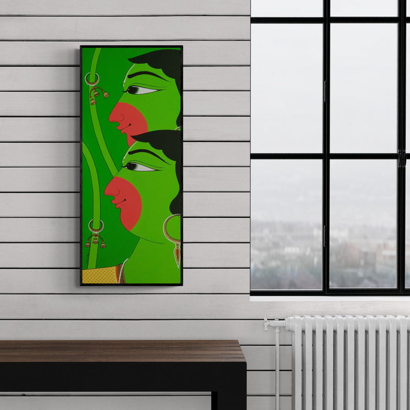 Preview of 'Twins (Green Harmony)' Painting by Shahed Pasha shown on a wall in a furnished room.