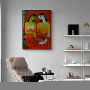 Preview of 'Twins' Painting by Appam Raghavendra shown on a wall in a furnished room.