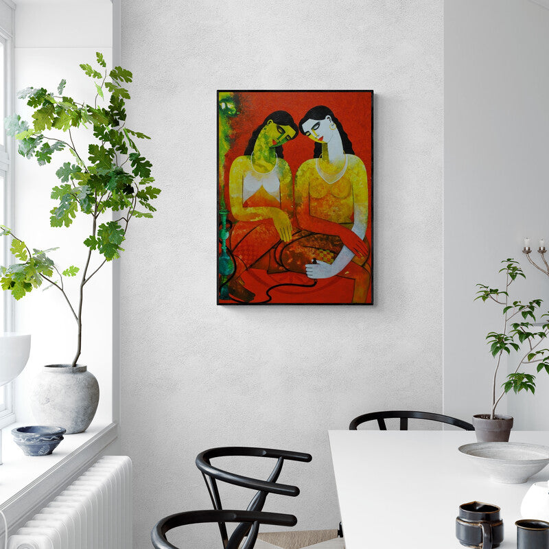 Appam Raghavendra's painting 'Twins' displayed in a modern living room setting