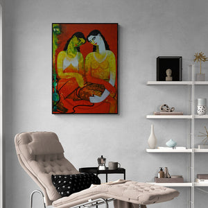 Appam Raghavendra's 'Twins' Painting visualized above a sofa in a contemporary room