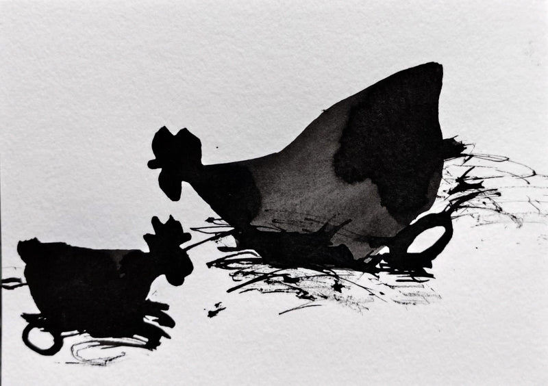 Two Hen' animals ink drawing by artist Ashok Hinge, 4x6 inch, on paper