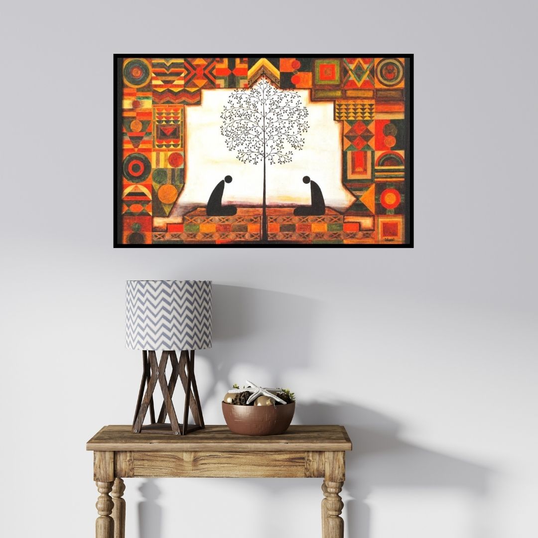 In-situ view of Ishani Pimpalkhare's 'Two Monks (Spiritual Communion)' painting in a room