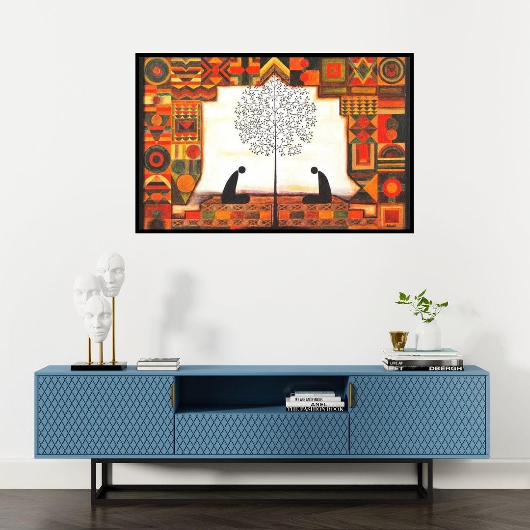 Preview of 'Two Monks (Spiritual Communion)' Painting by Ishani Pimpalkhare shown on a wall in a furnished room.