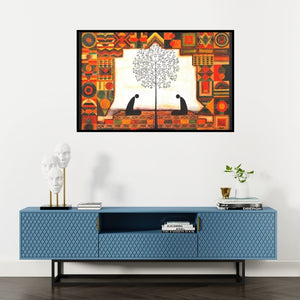 Preview of 'Two Monks (Spiritual Communion)' Painting by Ishani Pimpalkhare shown on a wall in a furnished room.