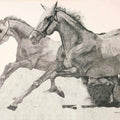 Animals ink drawing titled 'Two Running Horses', 28x36 inches, by artist Kamalesh Salaskar on Paper