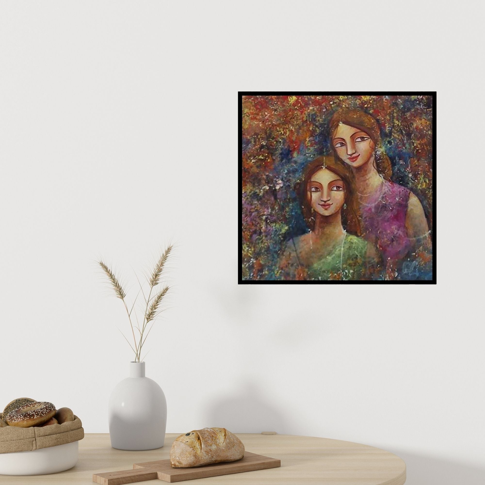 Preview of 'Two Sisters' Painting by Indrani Acharya shown on a wall in a furnished room.