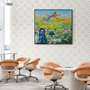 Preview of 'Udaan (Udaan (Flight))' Painting by Sanju Das shown on a wall in a furnished room.