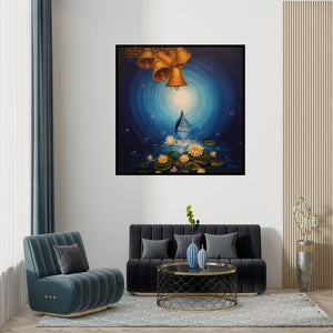 Preview of 'Udita (Temple Bells and Lotus)' Painting by Rakhi Baid shown on a wall in a furnished room.