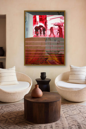 Umbrella Season (Crimson Rain: A Monsoon Day) by artist Ajinkya Patil displayed in a Boutique gallery
