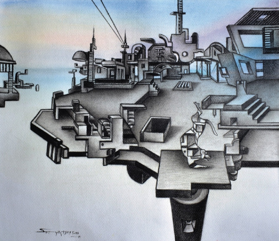 Unban War Of Intimacy 2' contemporary mixed-media painting by artist Satya Vijay Singh, 18x20 inch, on paper