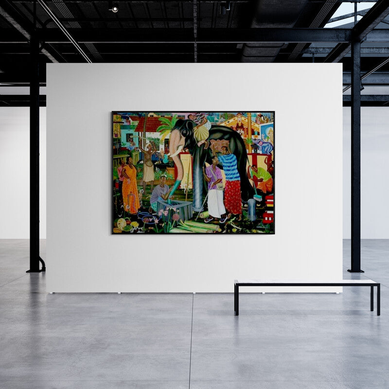 Preview of 'Uncertain Perceptions (Caught in the Trap)' Painting by Rejeesh Sarovar shown on a wall in a furnished room.