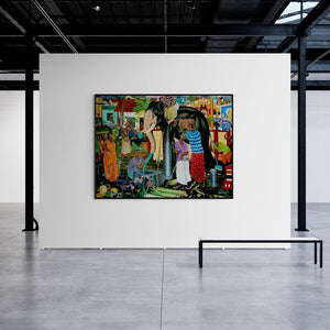 Rejeesh Sarovar's painting 'Uncertain Perceptions (Caught in the Trap)' displayed in a modern living room setting