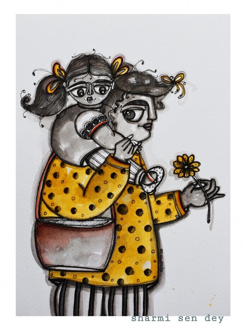 Figurative mixed media painting titled 'Unconditional', 11x9 inches, by artist Sharmi Dey on Paper