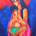 Figurative acrylic painting titled 'Unconditional Love', 24x36 inches, by artist Pradip Goswami on Canvas