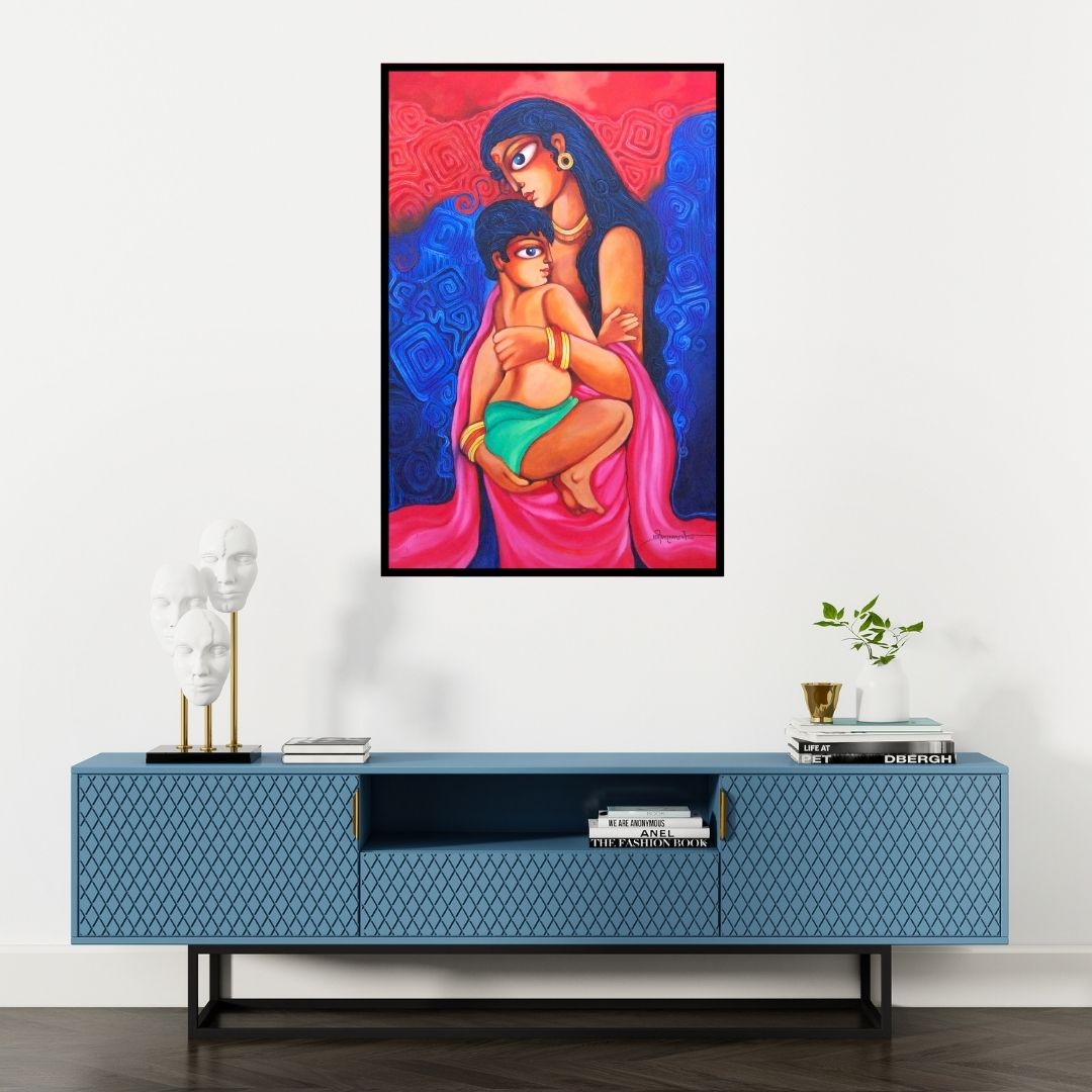 Preview of 'Unconditional Love' Painting by Pradip Goswami shown on a wall in a furnished room.