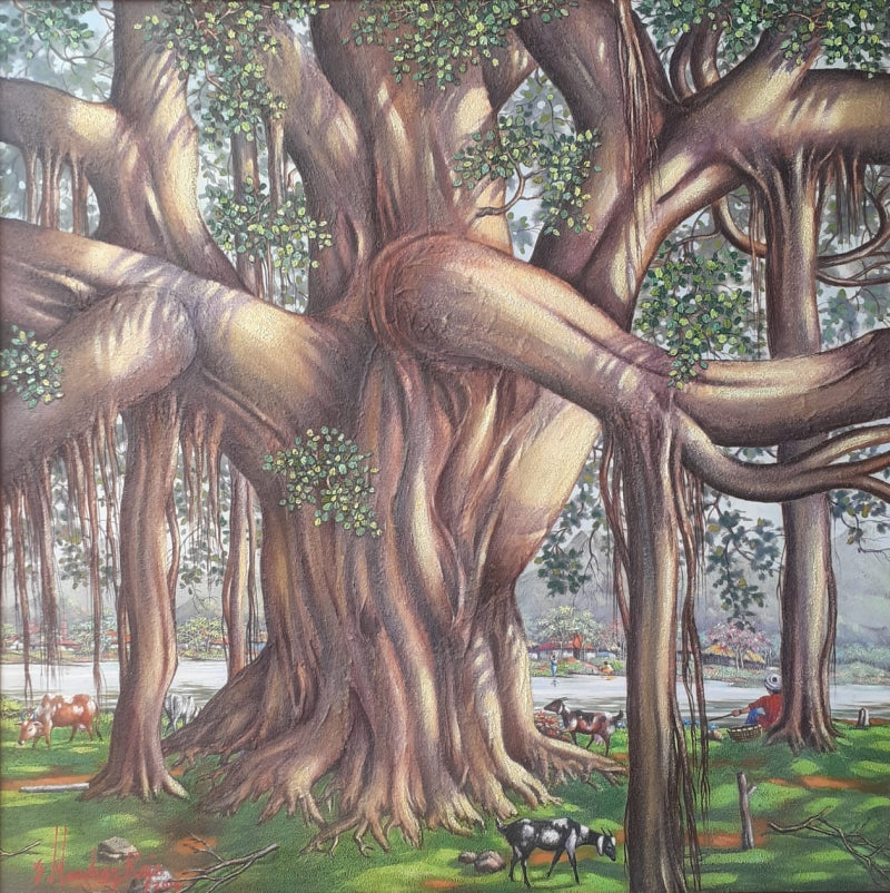 'Under The Banyan Tree' nature acrylic painting by artist Manohar Raja, 48x48 inch, on canvas