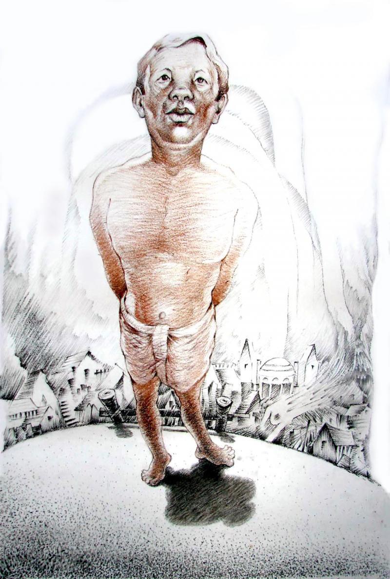 Expressionist pencil drawing titled 'Under The Sky', 30x22 inches, by artist Chandranath Banerjee on Paper