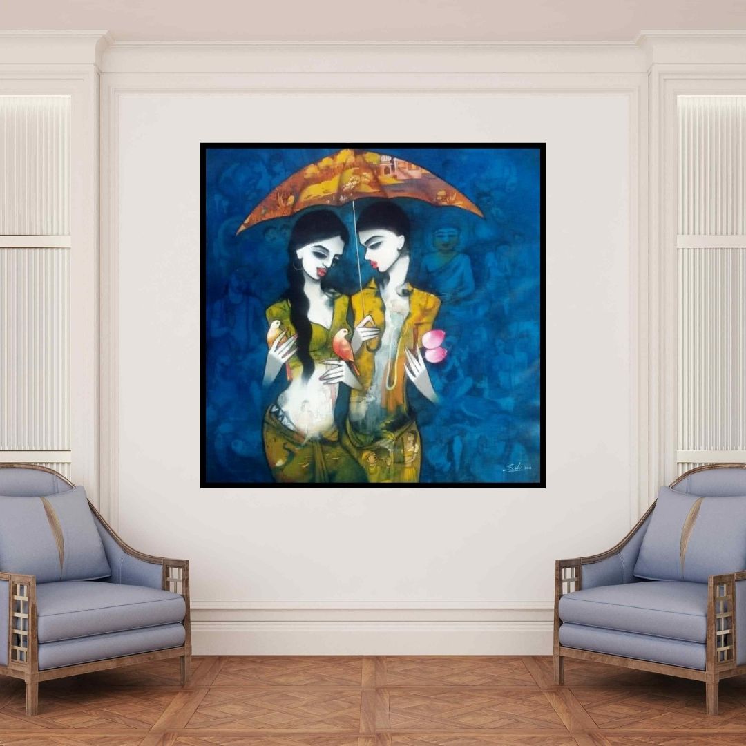 In-situ view of Mukesh Salvi's 'Under The Umbrella' painting in a room