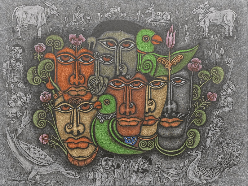 Figurative mixed-media painting titled 'Unity 3', 36x48 inch, by artist M Raja on Canvas