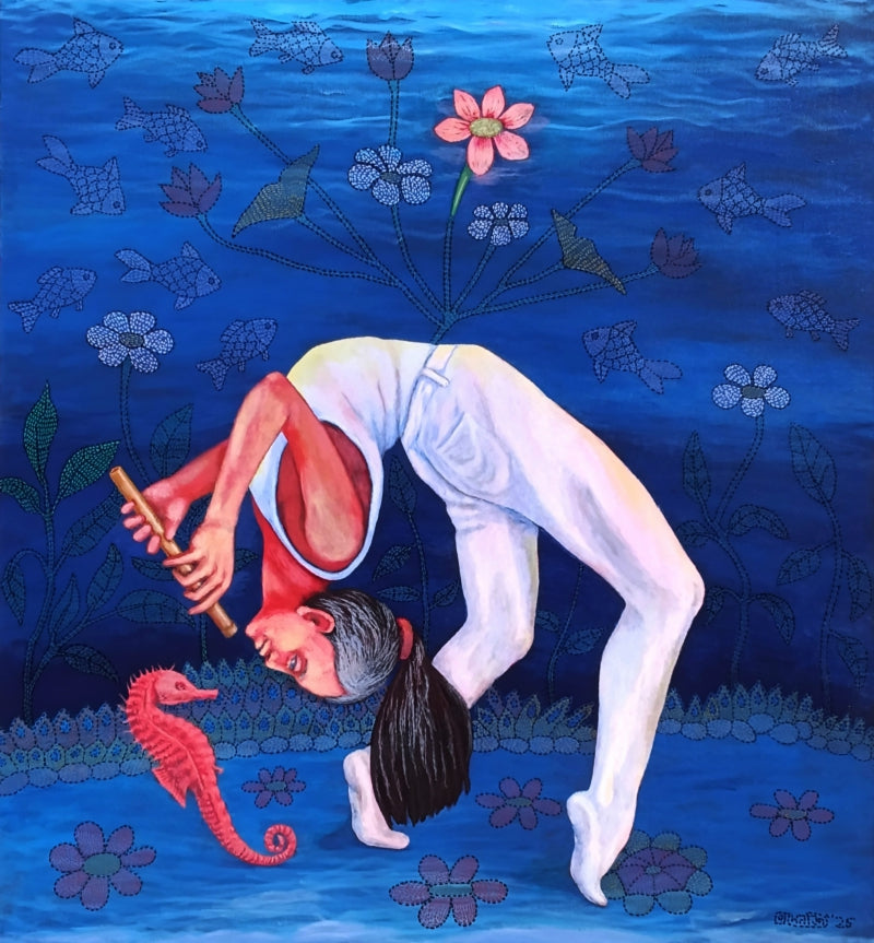 Unity With Nature' figurative acrylic painting by artist Prasenjit Nath, 42x38 inch, on canvas