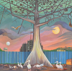 Unknown Dwellers (The Changing Landscape) by Goutam Pal, Original Acrylic Landscape Painting on Canvas, Medium Square Wall Art