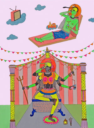 Figurative mixed media painting titled 'Unlimited Night Calling', 32x24 inches, by artist Priti Singh on Canvas