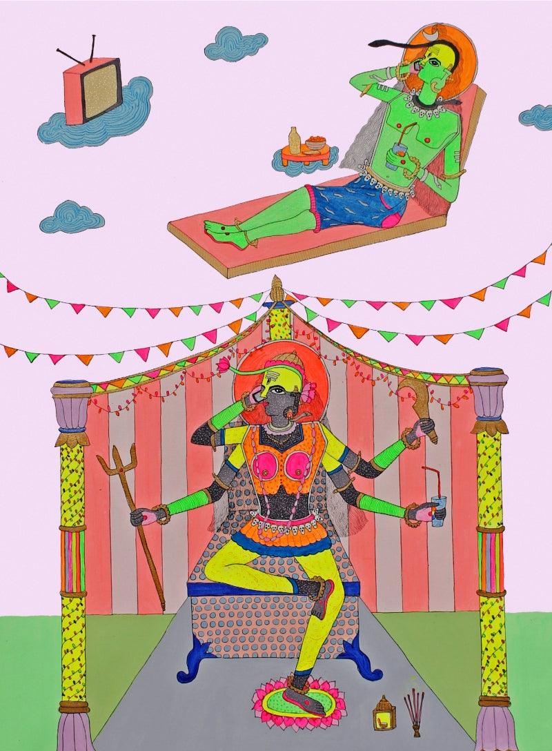 Figurative mixed media painting titled 'Unlimited Night Calling', 32x24 inches, by artist Priti Singh on Canvas