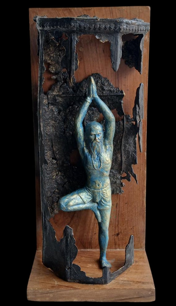 Unmukt' religious Bronze, Wood sculpture by artist Rajeev Ranjan, 16x9 inch, on bronze, wood