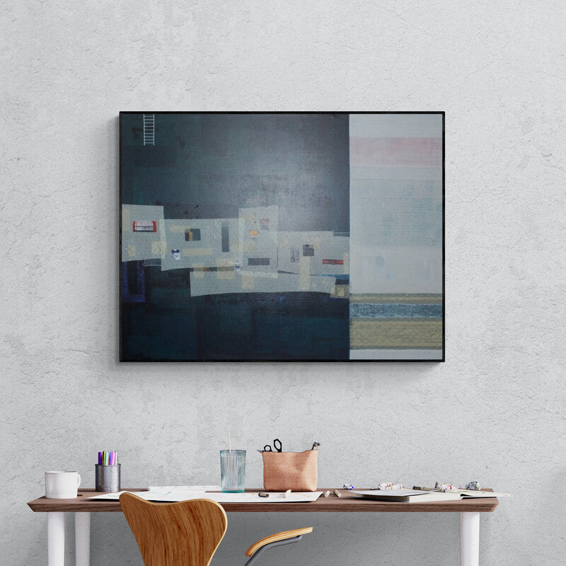 Preview of 'Unreading Frame (Cityscape Fragments)' Painting by Rajnarayan Santra shown on a wall in a furnished room.