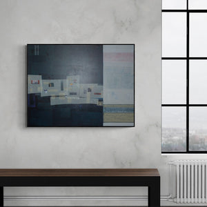 In-situ view of Rajnarayan Santra's 'Unreading Frame (Cityscape Fragments)' painting in a room