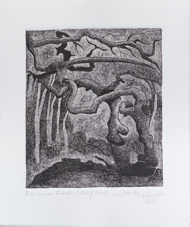 Unseen Forest' nature etching printmaking by artist Ankit Kushwaha, 8x6 inch, on paper