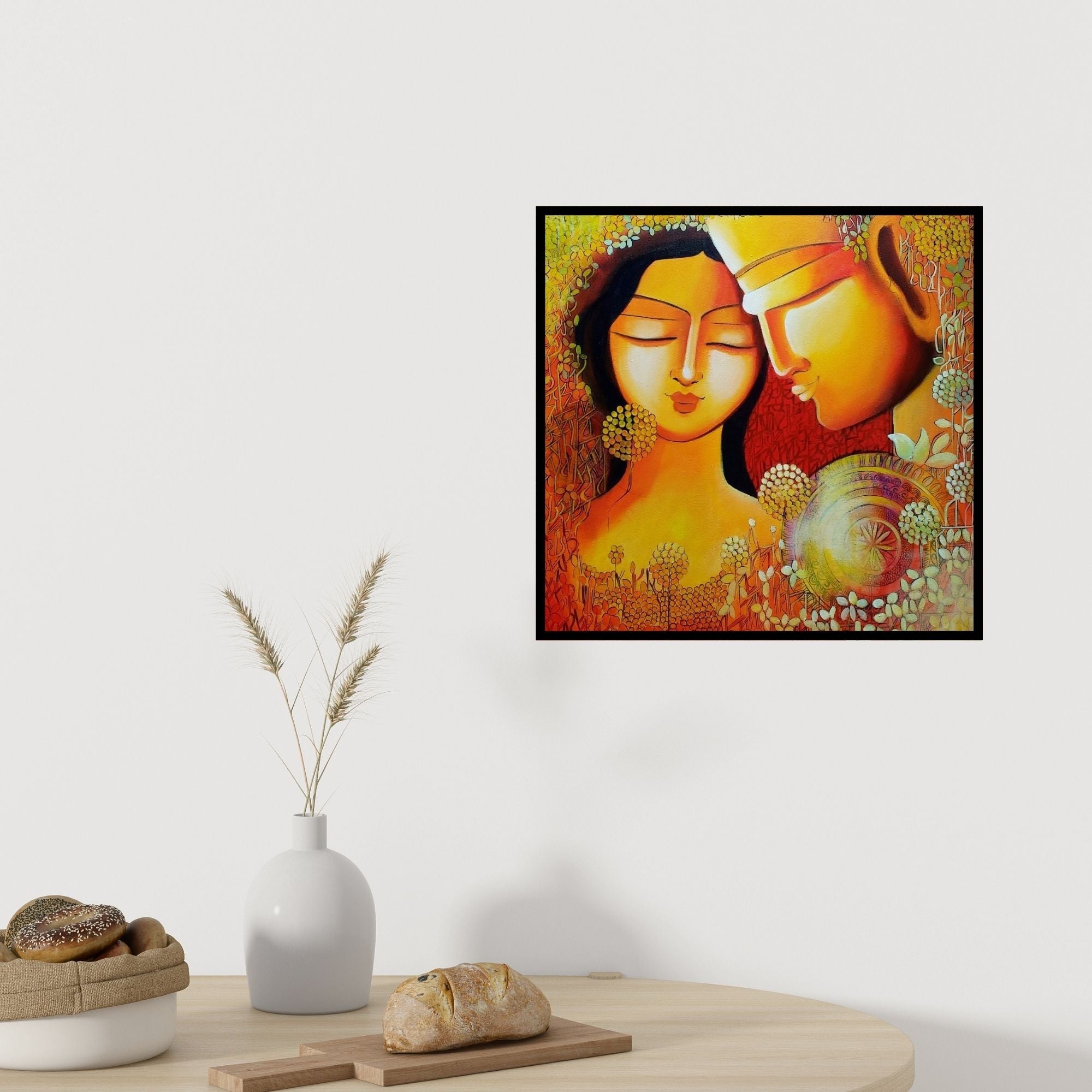 Preview of 'Unspoken Love' Painting by Nitu Chhajer shown on a wall in a furnished room.