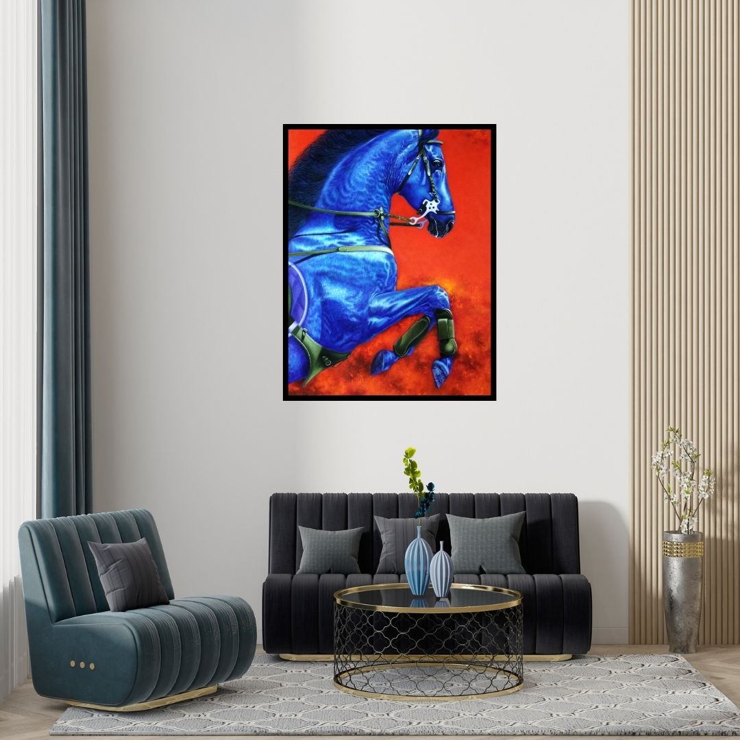 Preview of 'Unstoppable 3 (The Blue Stallion)' Painting by Sanket Sawant shown on a wall in a furnished room.