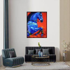 Preview of 'Unstoppable 3 (The Blue Stallion)' Painting by Sanket Sawant shown on a wall in a furnished room.