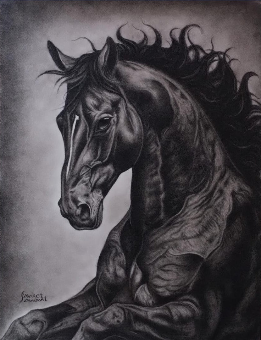 Unstoppable' animals charcoal drawing by artist Sanket Sawant, 26x20 inch, on paper