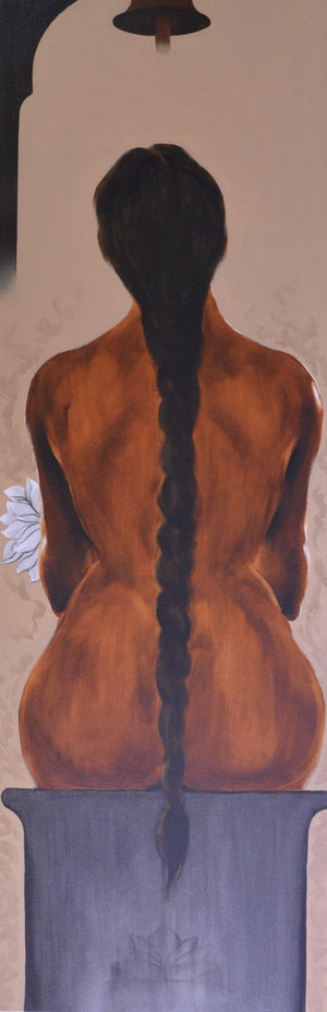 Untitle Iii (Contemplative Solitude: A Figurative Study) by Surendra Jagtap, Original Oil Nude Painting on Canvas, Medium Vertical Wall Art