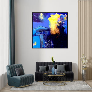 Preview of 'Untitled 1' Painting by Pradip Sengupta shown on a wall in a furnished room.