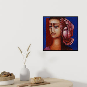 Preview of 'Untitled 1 (Inner Peace)' Painting by Amar Sultan shown on a wall in a furnished room.